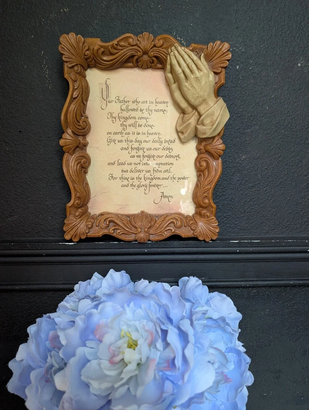Vintage Burwood 3D Religious Art The Lords Prayer in Ornate Praying Hands Resin